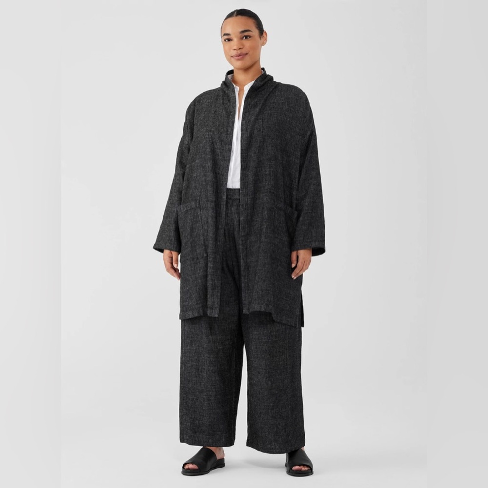 Eileen Fisher Tweedy Hemp Cotton Indigo High Collar Kimono Coat Size XS